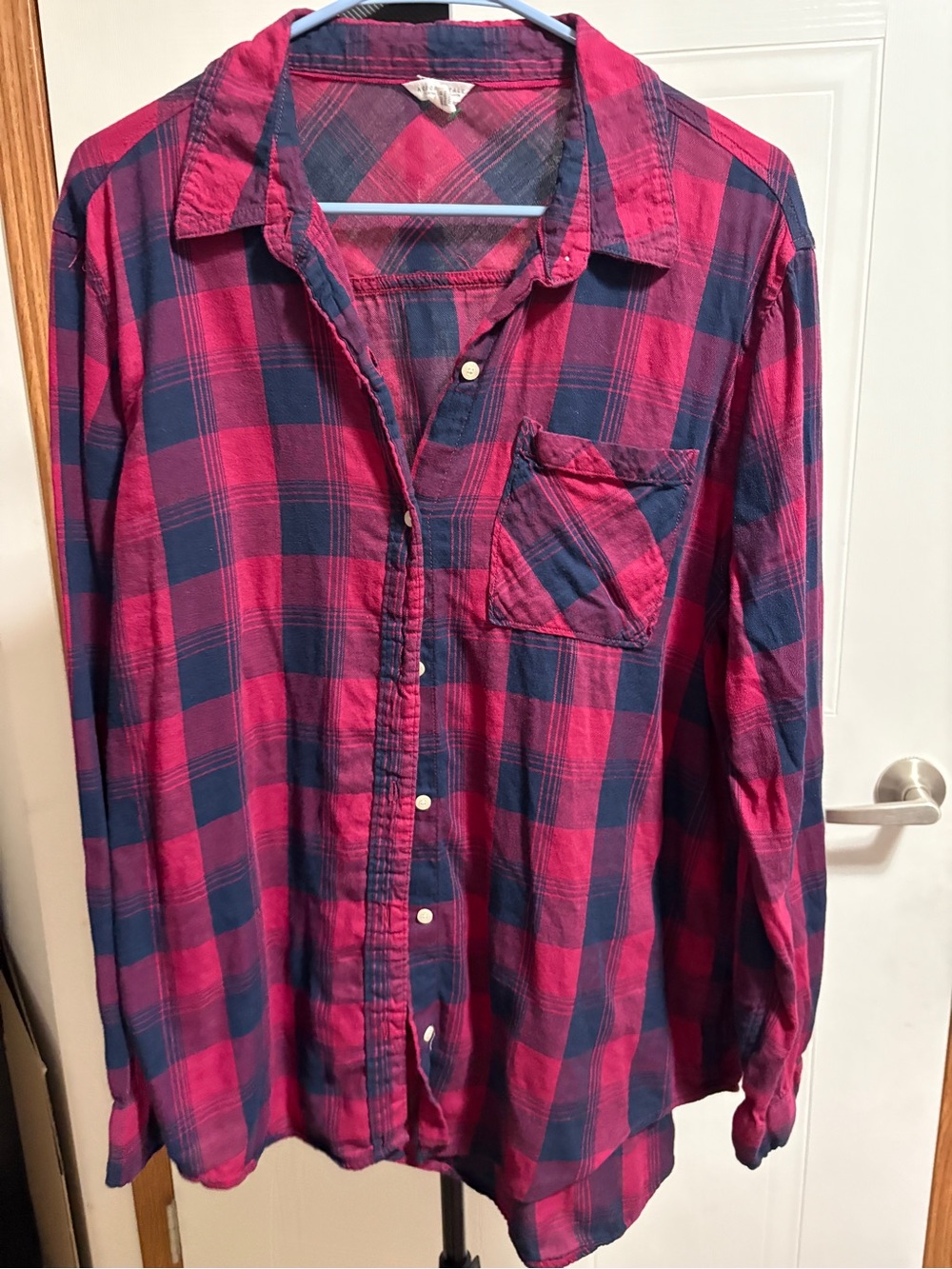 Women’s Red and Navy Plaid Button-Up Shirt